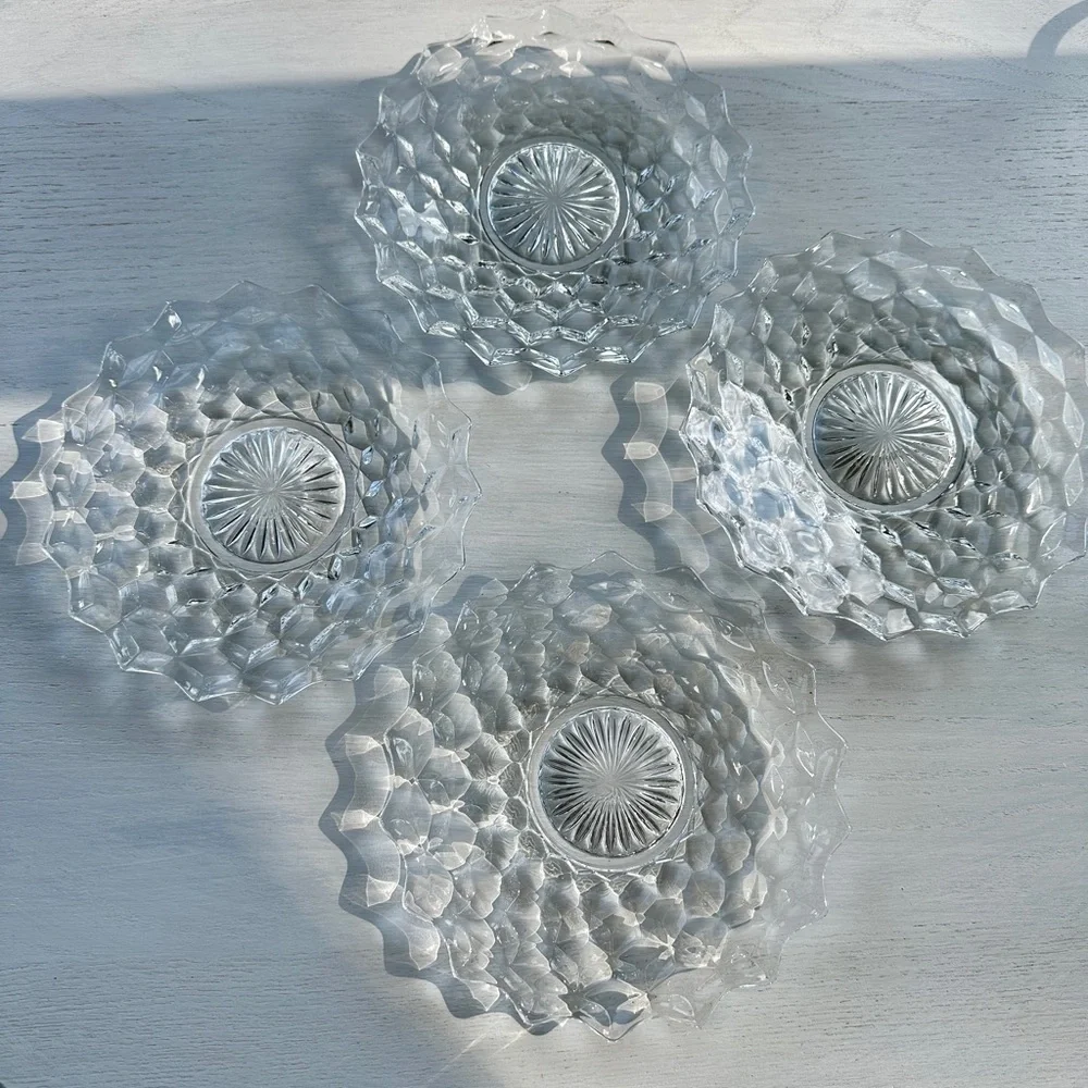 1940’S AMERICAN FOSTORIA, SET/4, 7 3/4” SALAD PLATES. CLEAR, HEAVY PRESSED GLASS